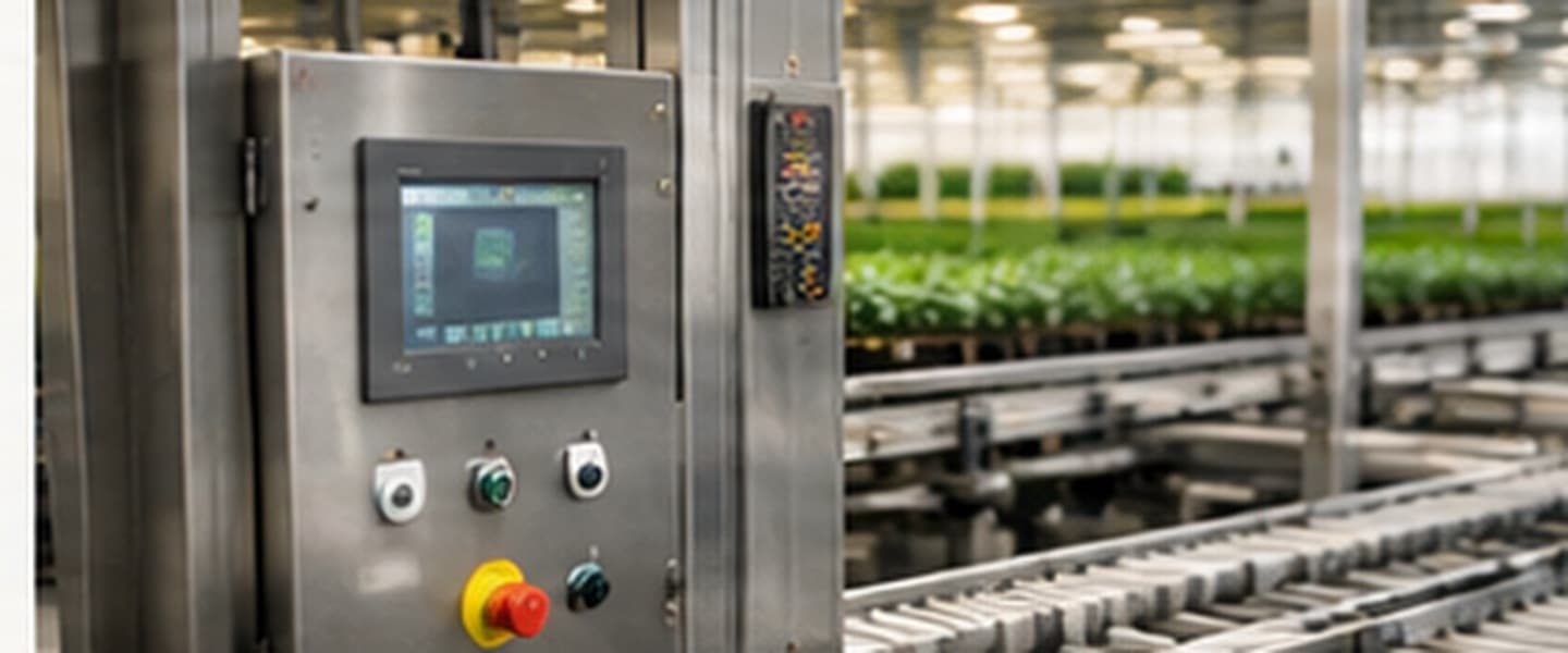 Industrial control panel beside horticultural conveyor equipment